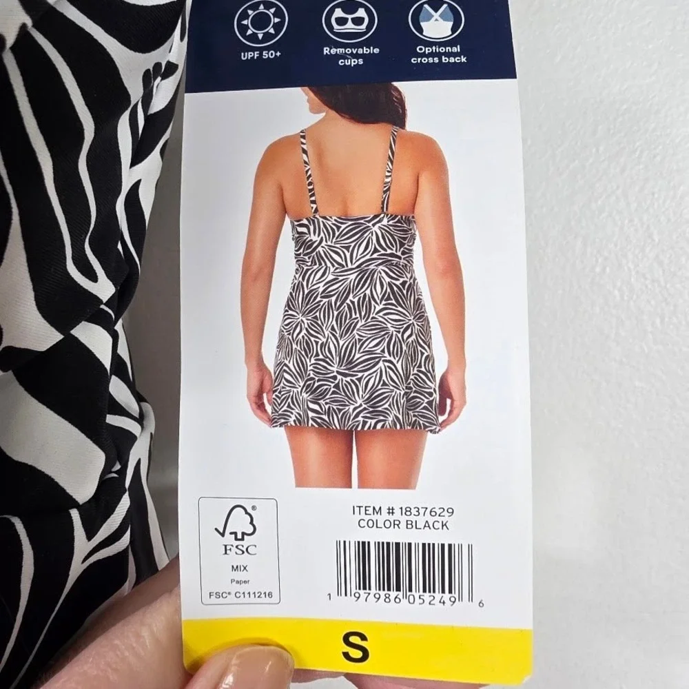 Lands'‎ End Swim Dress Women Small Black White Leaf Print UPF 50+ 1837629 New